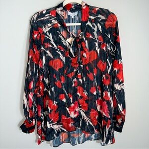 Pearl by Lela Rose Metallic Floral Tie Neck Blouse-Semi Sheer-Navy Red-MED-NWOT